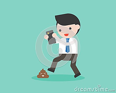 Businessman addict smartphone and donâ€™t looking poo on road, s Vector Illustration